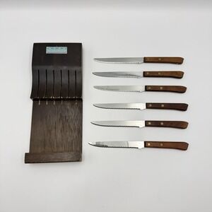 Vtg Forgecraft Japan Steak Knife Set of 6 Serrated Stainless Steel & Wood Block